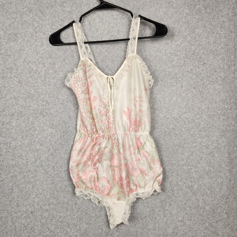 Vintage Texsheen‎ Romper Womens XS Pink Floral Lace Trim Lingerie Made USA 80s